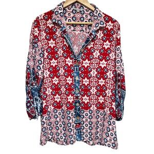 JOHN‎ MARK Floral Print Button Down Shirt Womens M Red Blue Americana Patchwork